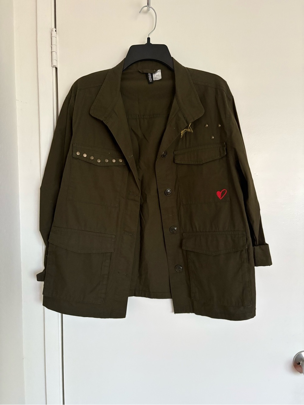Oversized Olive Utility Jacket with Heart Embroidery
